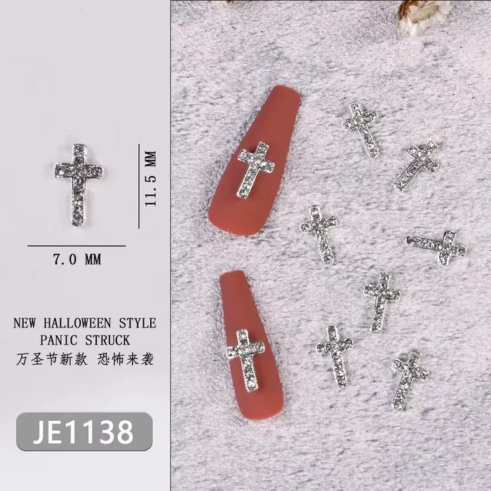 Breloque en métal pour Nail Art, crâne, araignée, croix, squelette, croix argentée, strass, croix 3D