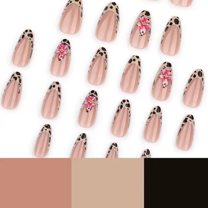 24 pièces marron français imprimé léopard presse sur ongles stéréo rose fleur conçoit automne faux o