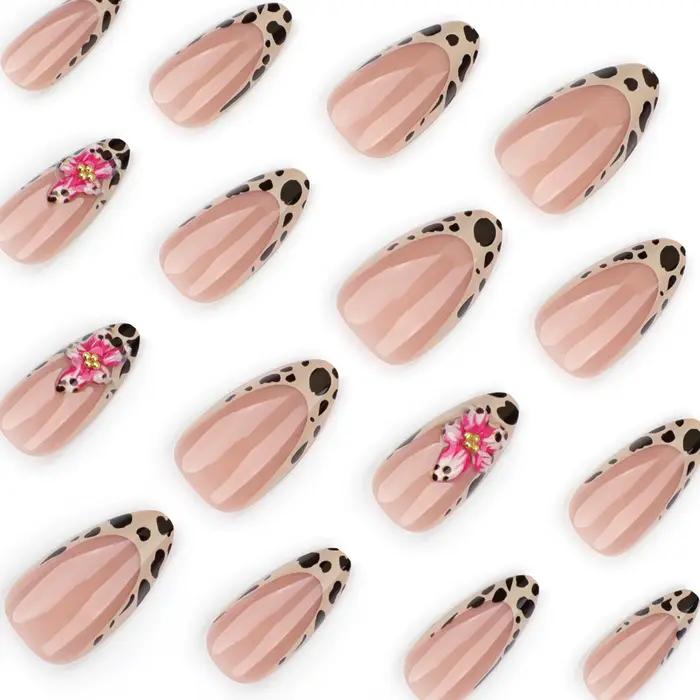 24 pièces marron français imprimé léopard presse sur ongles stéréo rose fleur conçoit automne faux o