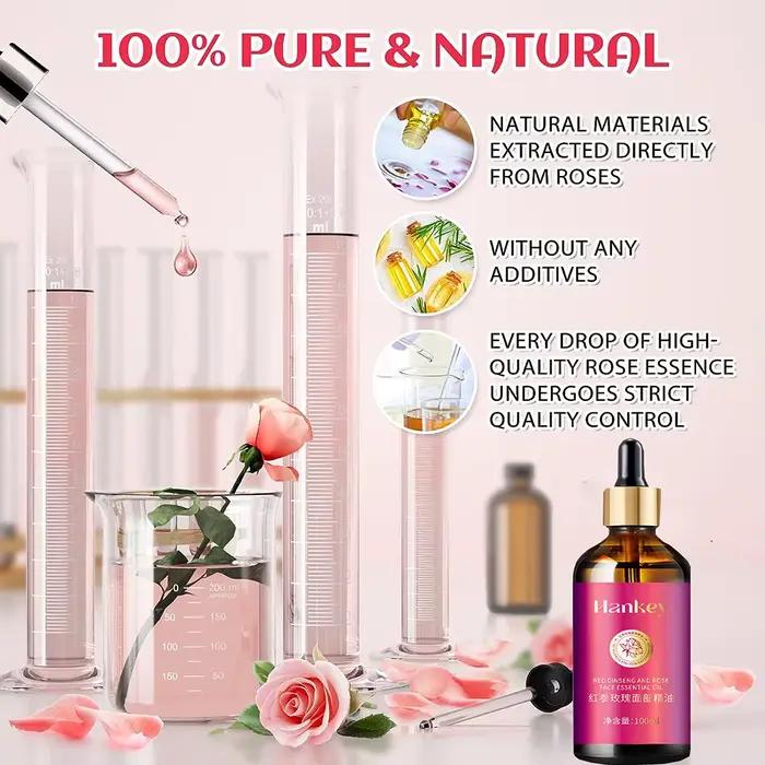 Huile de rose pour le visage à l'extrait de ginseng rouge, sérum facial anti-âge, éclaircit l'hydrat, optimiste et révèle une peau radieuse, 100ml