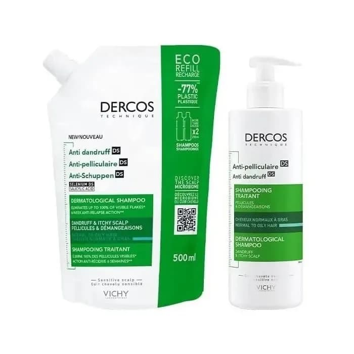 Vichy Dercos Shampoing Antipelliculaire Cheveux Normaux À Gras 390ml Lot de 2 Pièces