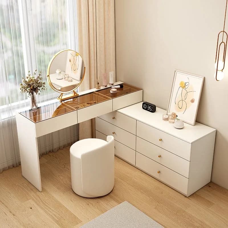 Bureau de courtoisie moderne avec miroir 4.2 par LED, table de maquillage d'angle de luxe, étagères 