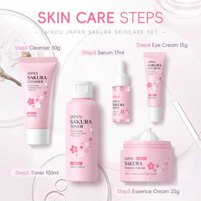 Coffret beauté LAIKOU Sakura 5 pièces : nettoyant, tonique, sérum, crème contour des yeux, crème hyd