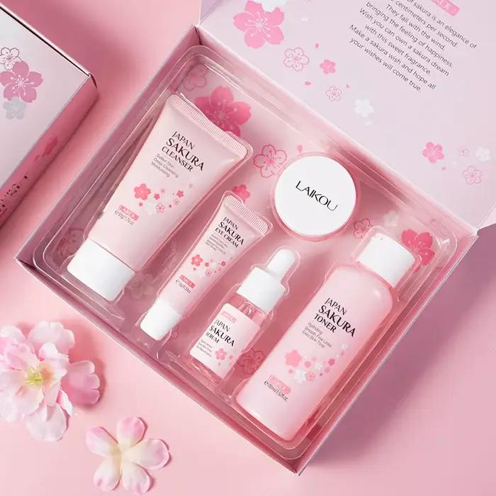 Coffret beauté LAIKOU Sakura 5 pièces : nettoyant, tonique, sérum, crème contour des yeux, crème hyd