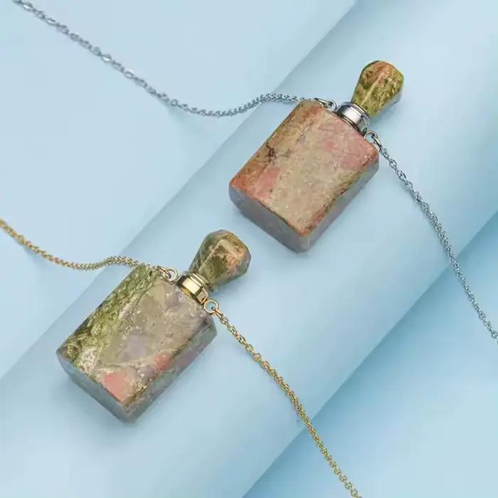 Collier pendentif bouteille de parfum en cristal naturel pour femme, pierre précieuse d'aromathérapie, acier inoxydable, vente en gros