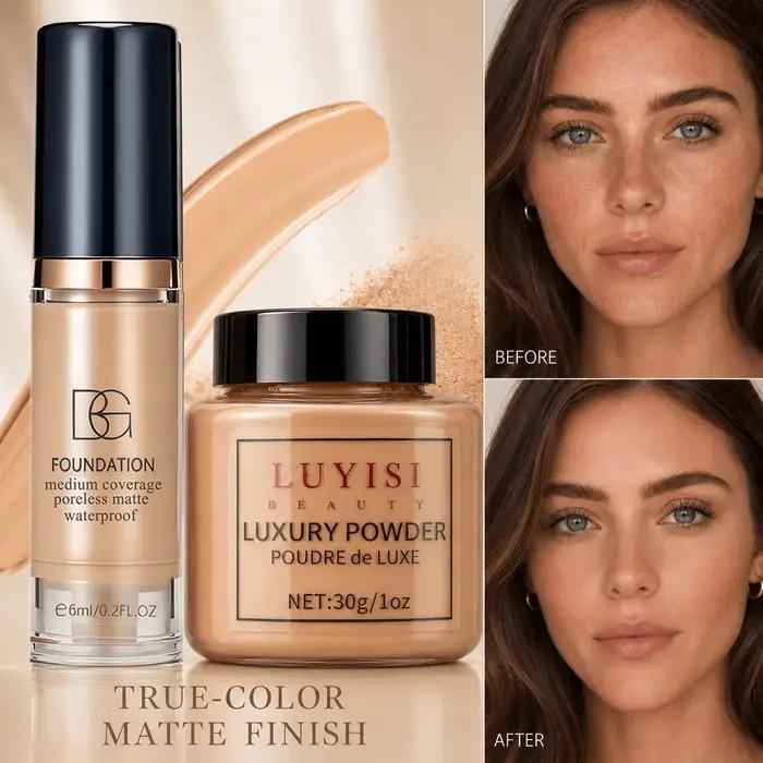Ensemble de maquillage pour le visage : 1 poudre libre mate + 1 fond de teint waterproof