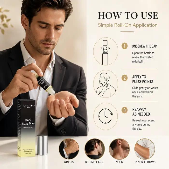 Huile corporelle à phéromones pour homme, parfum boisé et d'agrumes sans alcool, huile de parfum longue durée pour les rendez-vous quotidiens des hommes.