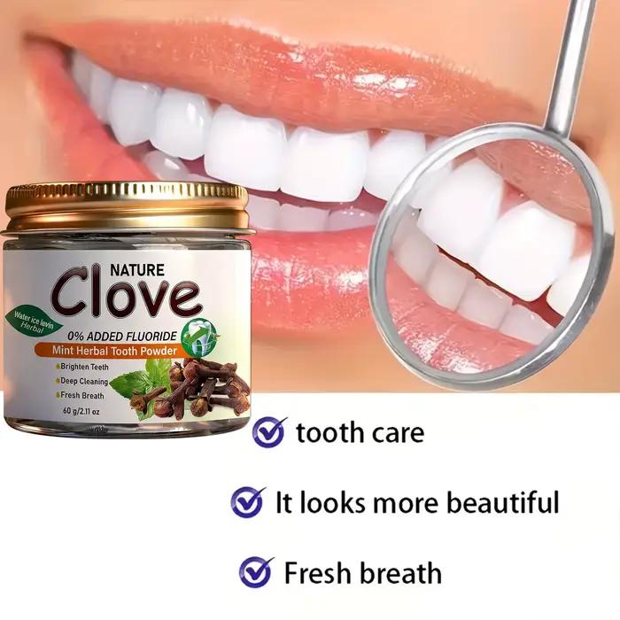 Poudre dentifrice naturelle à la menthe et au clou de girofle - Sans fluor, nettoyage en profondeur pour des dents éclatantes et une haleine fraîche
