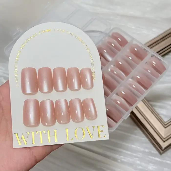 144 pièces/boîte, faux ongles en gel rose nude, effet œil de chat, brillants, courts, tête ronde, fa