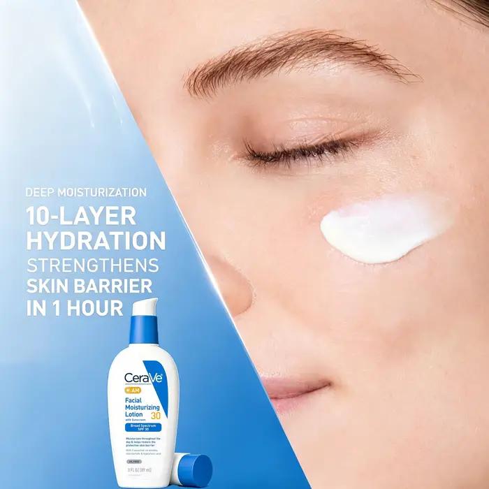 Lotion hydratante visage matinale cerauve spf 30 protection solaire large spectre hydratation peau douce lumineuse