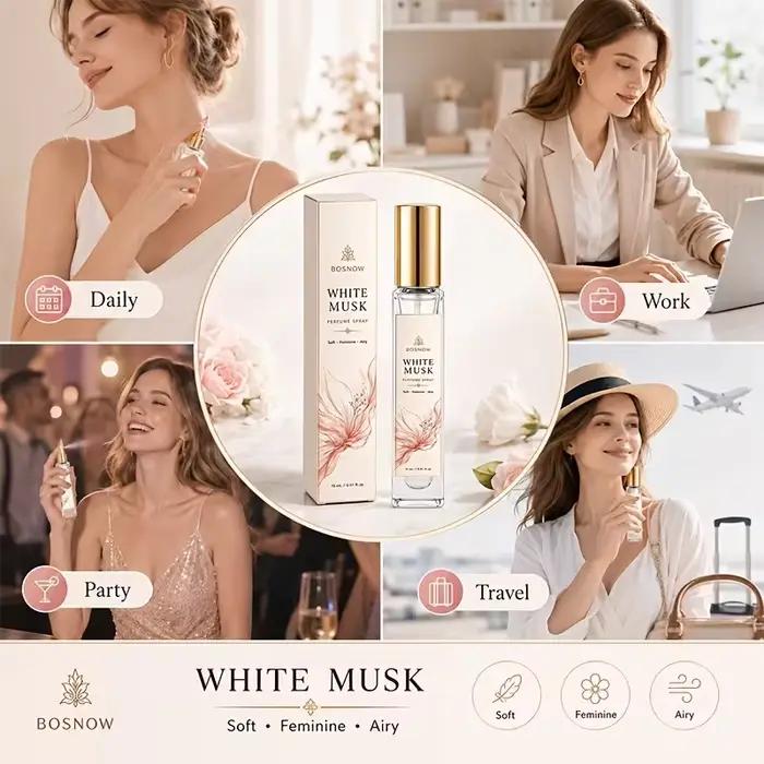 Eau de Toilette Musc Blanc 15ml pour Femme, Flacon Vaporisateur Compact en Verre Haut de Gamme, Parfum Féminin, Frais et Propre, Non Sucré, mais avec un Parfum Léger, Idéal pour un Usage Quotidien, le