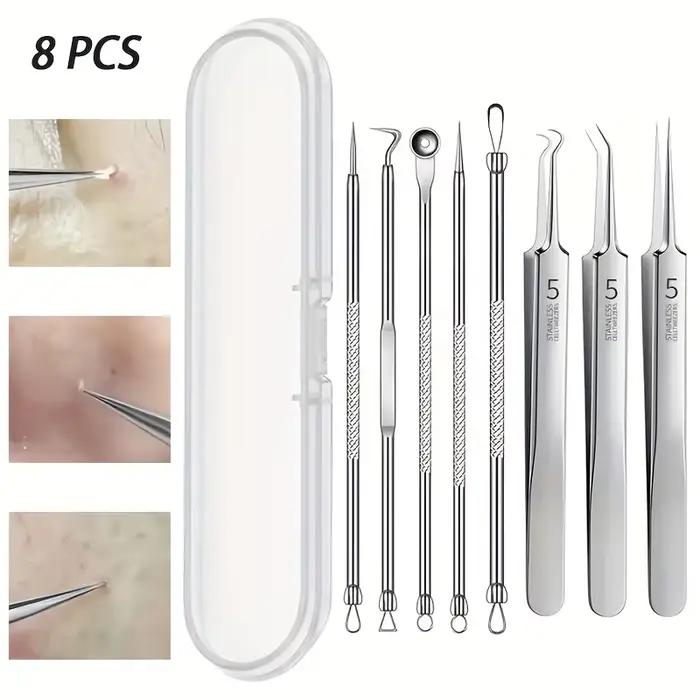 Kit dissolvant de points noirs 8 pièces – Outils d'extraction d'imperfections et d'acné en acier inoxydable – Ensemble professionnel de boutons popper pour toutes les peaux