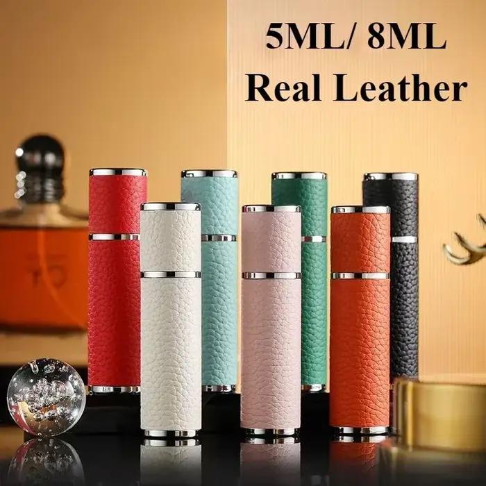 Atomiseur de parfum portable en cuir véritable rechargeable avec bouchon en silicone pour femmes et hommes pour toutes les occasions de voyage et de vie quotidienne