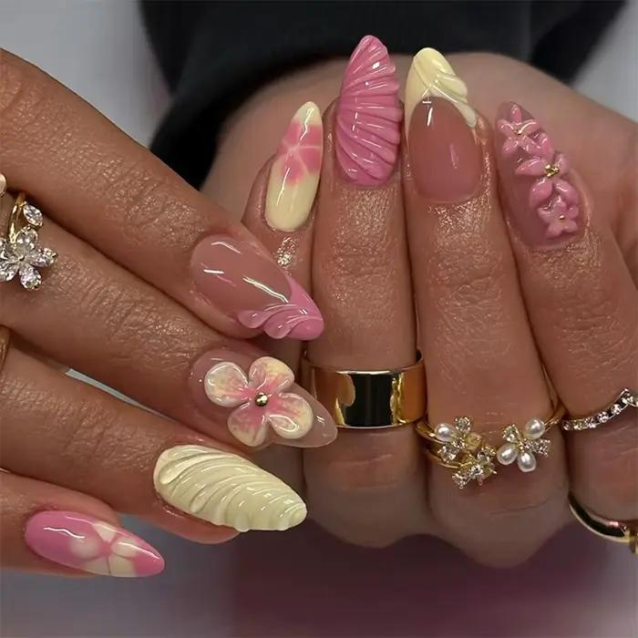 24 pièces amande faux ongles conseils été plage ongles colorés ensembles avec perle fleur conception