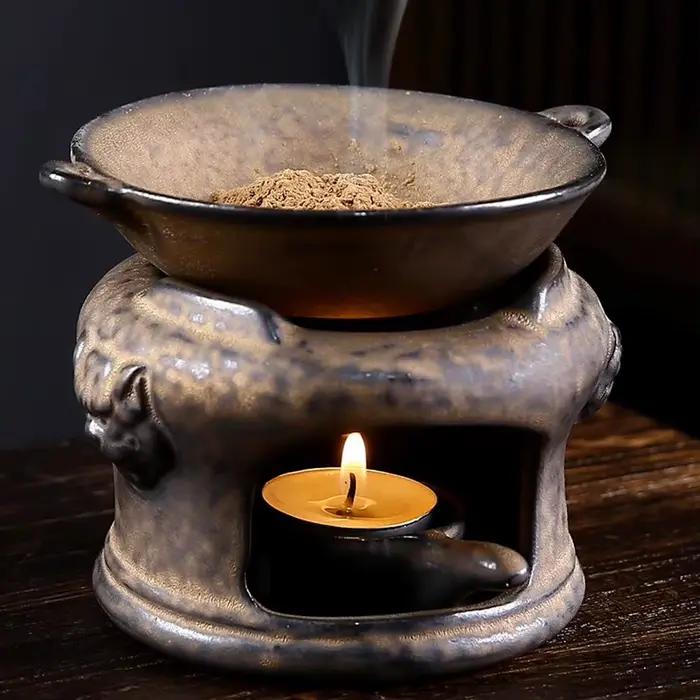 Brûleur d'arôme d'aromathérapie 3 en 1, poterie grossière, chauffe-thé, bougie chauffante, diffuseur de roseaux, brûleur d'encens d'huile essentielle
