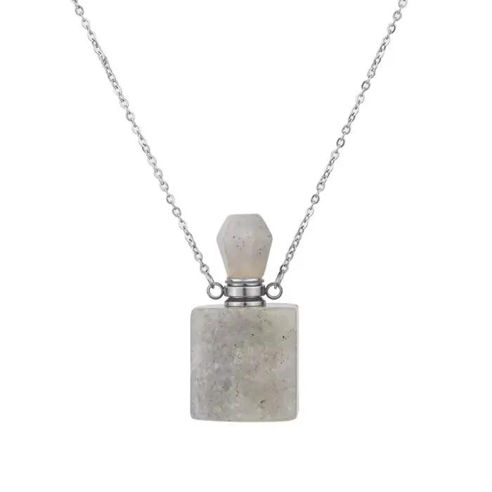 Collier pendentif bouteille de parfum en cristal naturel pour femme, pierre précieuse d'aromathérapie, acier inoxydable, vente en gros