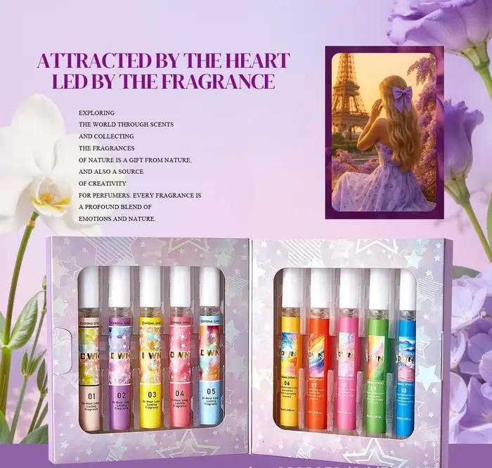 Coffret Cadeau de 10 Parfums de Luxe Vibrants Sans Alcool, Senteur Fraîche et Longue Durée, Spray Corporel Compact et Portable