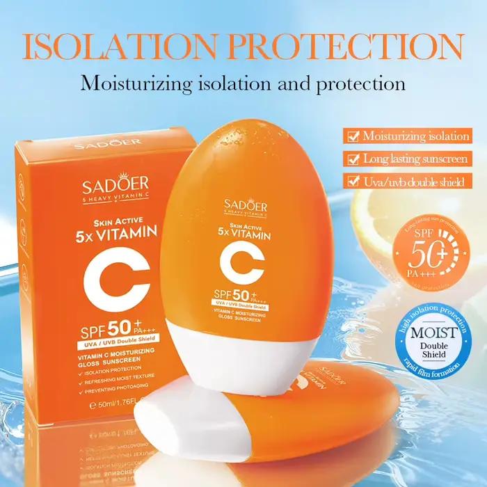 Crème solaire hydratante à la vitamine C SPF50+ PA+++ pour protection UVA UVB large spectre anti photovieillissement peau lumineuse revitalisée jeunesse douce confortable