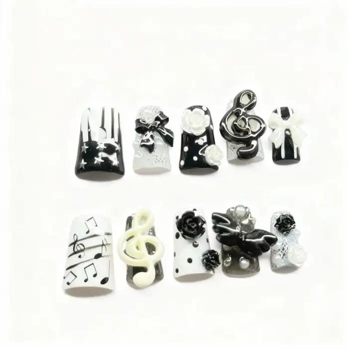 10 pièces à la main gothique presse sur ongles Punk foncé 3D Note de musique conception faux