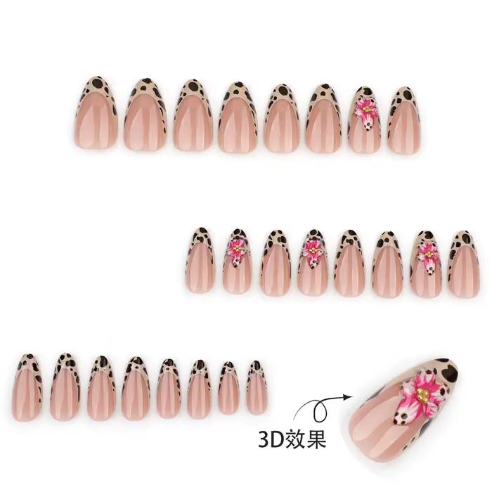 24 pièces marron français imprimé léopard presse sur ongles stéréo rose fleur conçoit automne faux o