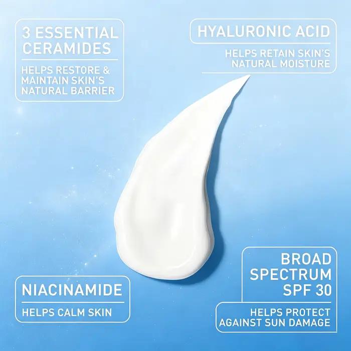 Lotion hydratante visage matinale cerauve spf 30 protection solaire large spectre hydratation peau douce lumineuse