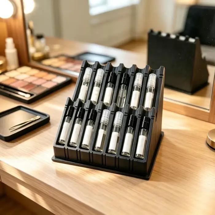 1 pièce – Organisateur d’échantillons de parfum : un présentoir de bureau à compartiments, conçu pour ranger et exposer différents types d’échantillons de parfum.