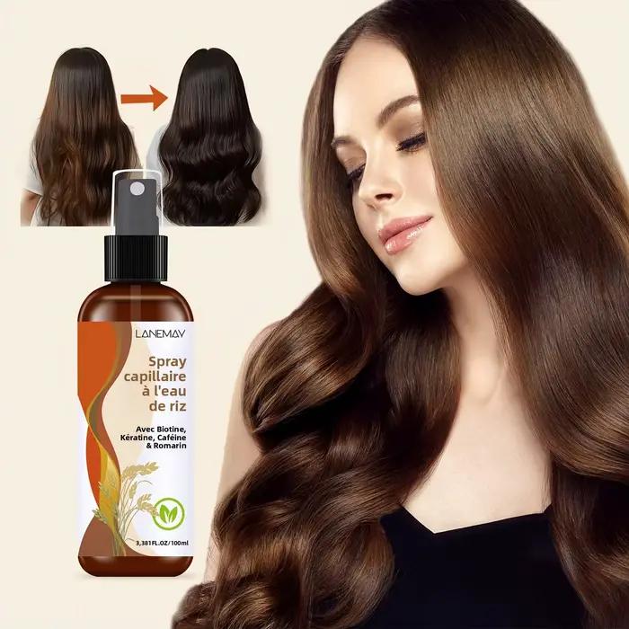 Spray capillaire à l'eau de riz – avec biotine, kératine, caféine et romarin, lisse les cheveux et r
