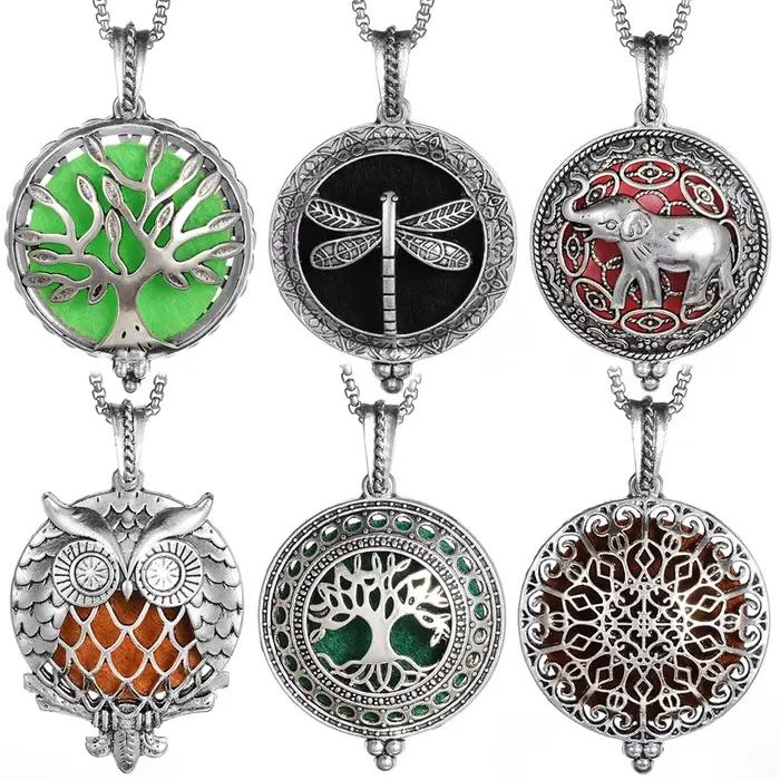 Collier d'aromathérapie arbre de vie avec pendentif ouvert, 10 tampons aromatiques aléatoires, bijoux vintage pour homme et femme, idéal pour les occasions spéciales et le bien-être