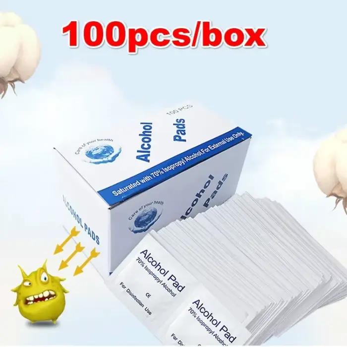 Tampons de préparation d'alcool portables, 100 pièces, tampons désinfectants, lingettes nettoyantes, teneur en alcool à 70%, adaptés au nettoyage de téléphones portables