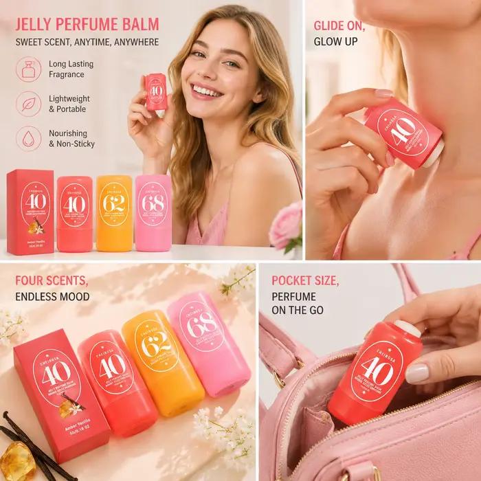 Baume Parfumé Solide Jelly 3 Senteurs 40 Ambre Vanille 62 Amande Caramel 68 Litchi Fruité Longue Durée Portable