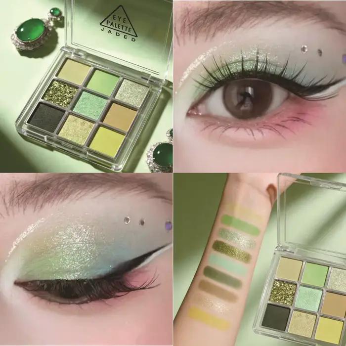 Palette de fards à paupières vert menthe 9 couleurs, fini mat et scintillant, effet velours, doux et
