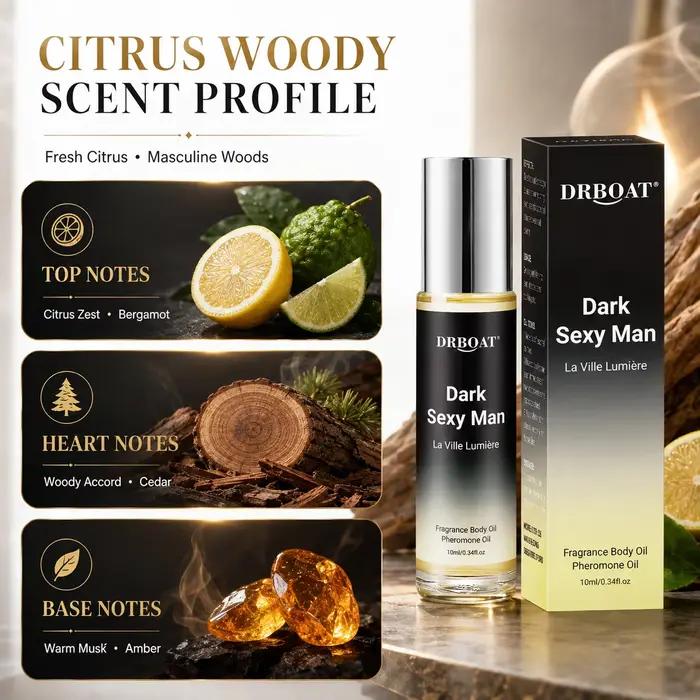 Huile corporelle à phéromones pour homme, parfum boisé et d'agrumes sans alcool, huile de parfum longue durée pour les rendez-vous quotidiens des hommes.