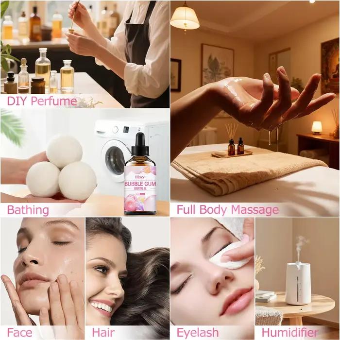 L'huile essentielle de bubble gum est naturellement douce pour la peau, hydratante et fournit une hydratation supplémentaire.