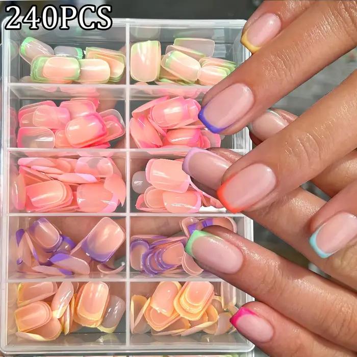 1 boîte couleur bonbon français court carré faux ongles rose/vert/violet couverture complète Macarons presse