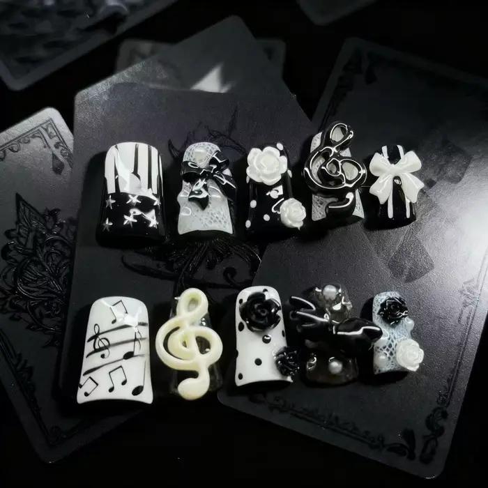 10 pièces à la main gothique presse sur ongles Punk foncé 3D Note de musique conception faux ongles