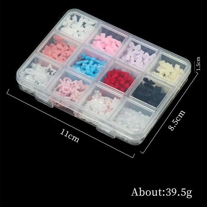 Boîte de 12/15 compartiments de décorations pour ongles en résine, nœuds papillon mixtes, breloques