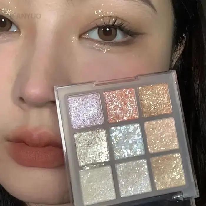 Palette de fards à paupières à paillettes, 9 couleurs, couleur terre, nacré, reflets scintillants, paillettes scintillantes, bleu, violet, maquillage pour les yeux