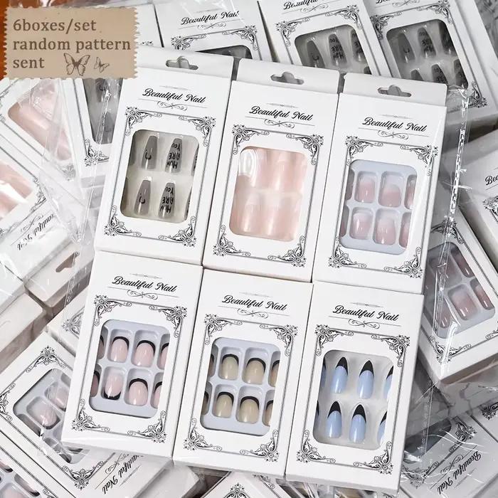 6 boîtes/144 pièces mélange aléatoire Style court rond presse sur ongles doux couverture complète dé