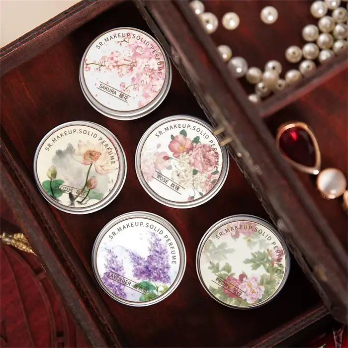 Parfum solide longue durée pour âmes romantiques, pour les femmes en rendez-vous. Baume solide floral exquis : Jasmin, Lavande, Gardénia, Rose.