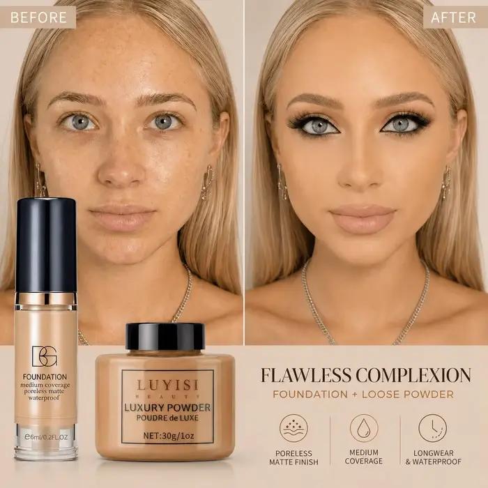 Ensemble de maquillage pour le visage : 1 poudre libre mate + 1 fond de teint waterproof