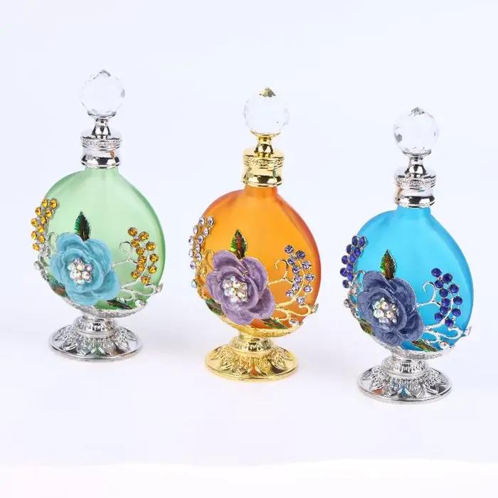 Bouteille de parfum et d'huile essentielle vide vintage de 30 ml de style Moyen-Orient avec cristal incrusté pour femmes, cadeau d'anniversaire et de mariage