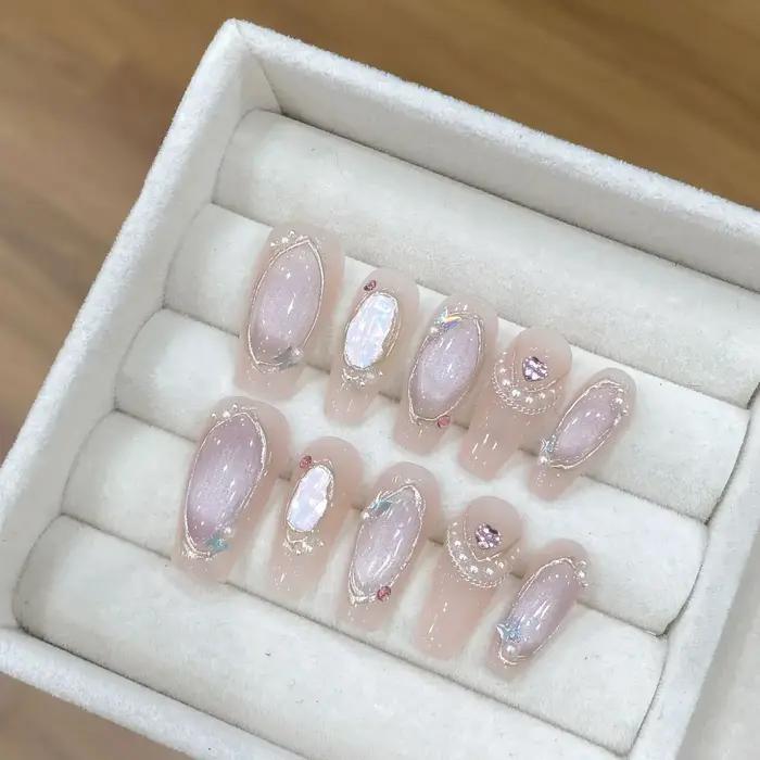 10 pièces presse à la main sur les ongles longs Ballet bleu faux ongles avec 3D océan lune strass co