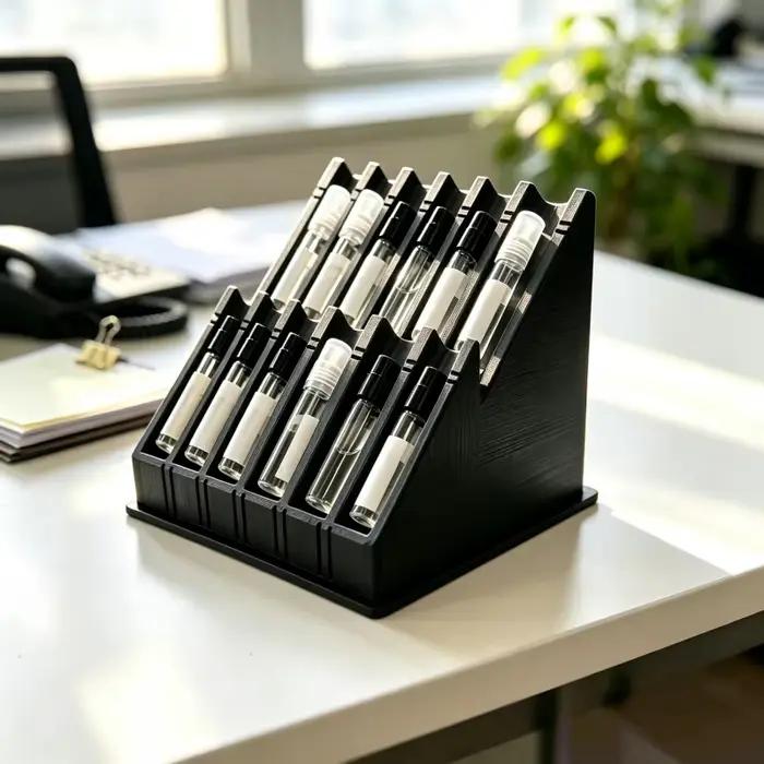 1 pièce – Organisateur d’échantillons de parfum : un présentoir de bureau à compartiments, conçu pour ranger et exposer différents types d’échantillons de parfum.