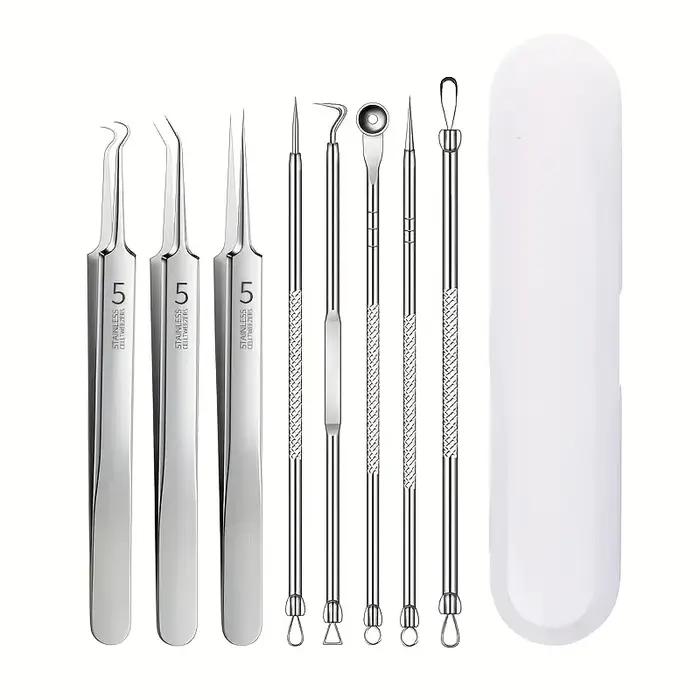 Kit dissolvant de points noirs 8 pièces – Outils d'extraction d'imperfections et d'acné en acier inoxydable – Ensemble professionnel de boutons popper pour toutes les peaux