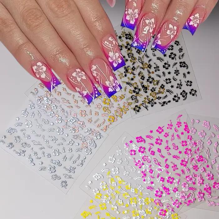 Autocollant 3D fleurs d'hibiscus pour ongles, 1 pièce, pétales de fleurs blancs et noirs, décalcoman