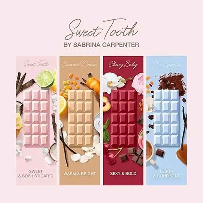 Parfum Sabrina Carpenter Sweet Tooth Me Espresso 75ml, senteur cerise caramel rêve floral fruité, design extérieur chocolat.