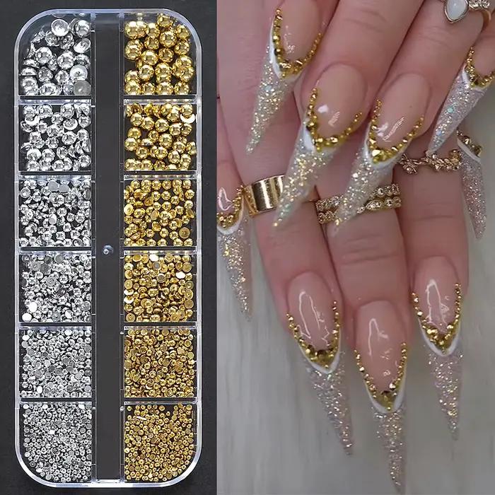 12 grilles or argent perles pour ongles 3D demi-rond perle ongles breloques métal ongles perles Cavi