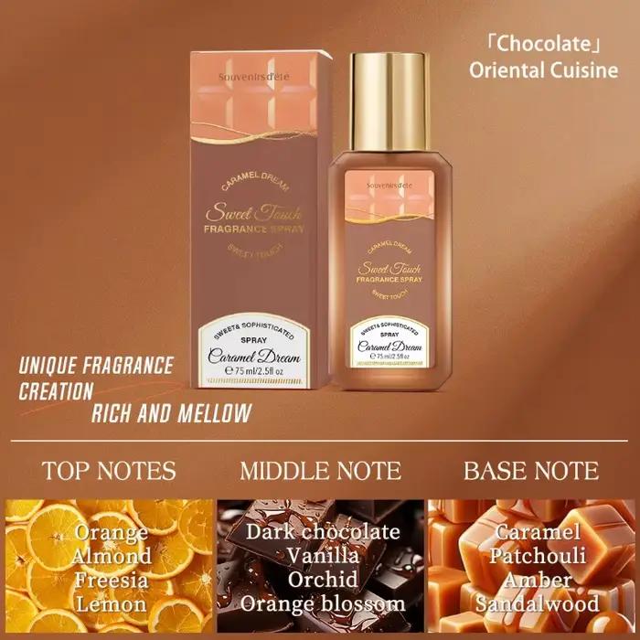 Spray parfumé Caramel Dream 75 ml, parfum longue durée, frais, floral, fruité, note gourmande, charme élégant, neutre, eau de toilette