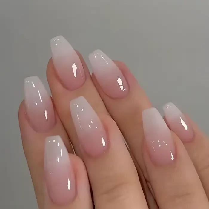 Faux ongles de ballerine française dégradés, ongles de cercueil moyens imperméables, presse sur N64.