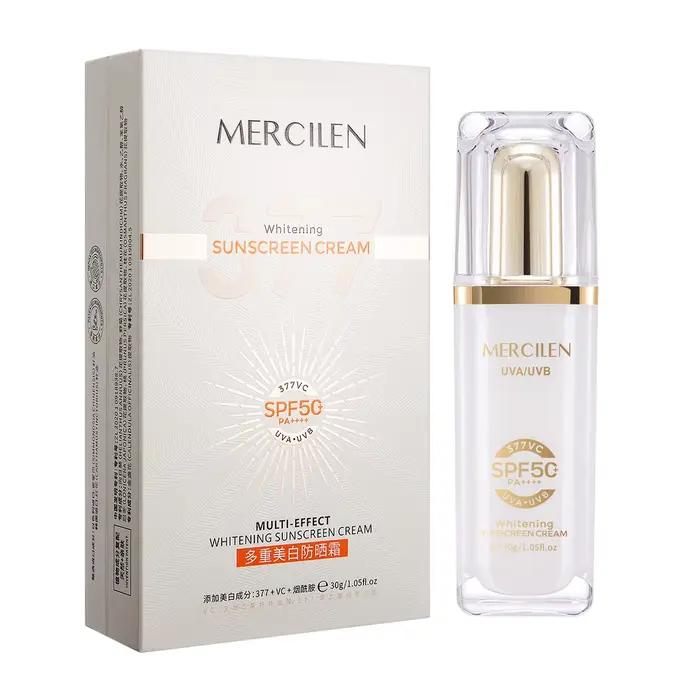 Crème solaire visage et corps Mercilen 30g, SPF50+, contient de la niacinamide pour éclaircir les peaux ternes, unifier le teint, réguler la production de sébum, est résistante à l'eau et à la transpi